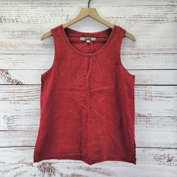 FLAX Size P 100% Linen Bias Round Neck Tank in Red Sleeveless Round Neck Top - Picture 1 of 8